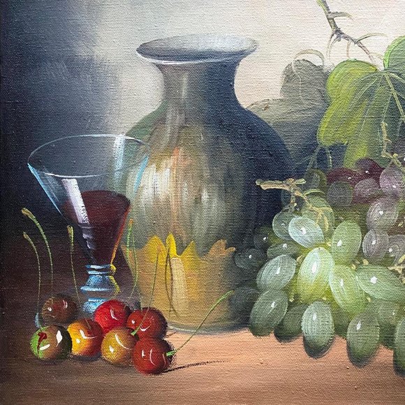 Signed Still Life Oil Painting Of A Vase, A Glass Of Wine, Grapes and Cherries - Picture 2 of 10